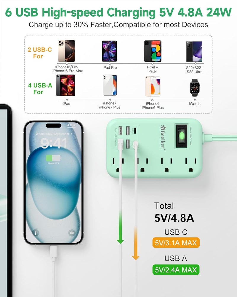 Beeiker 6 USB Green Travel Power Strip- 5Ft Green Extension Cord with 4.8A 2 USB C Charging Station and 4 Outlets, Cute Desk Accessories with Switch for Kawaii Pink Home Office College Dorm Room 24W - Image 2